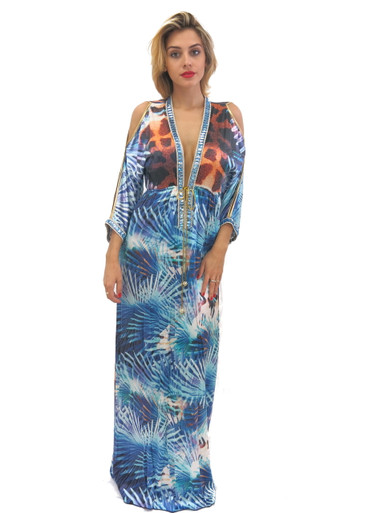 Baccio Couture Shy Silk Maxi Dress Blue Giraffe Print | Shop Boutique Flirt