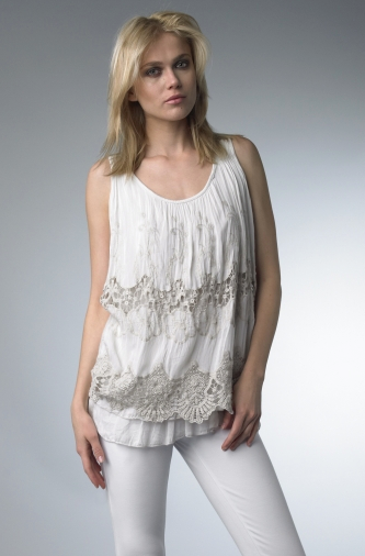 Tempo Paris Sleeveless Silk Top with Crochet Beige