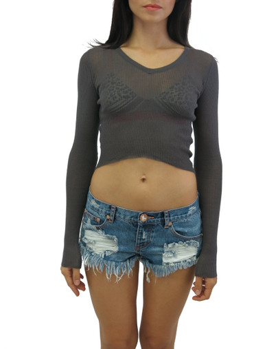 For Love and Lemons Knitz Long Sleeve Crop Top Charcoal