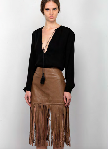 Karina Grimaldi Dylan Fringe Leather Skirt Cognac | Shop Boutique Flirt