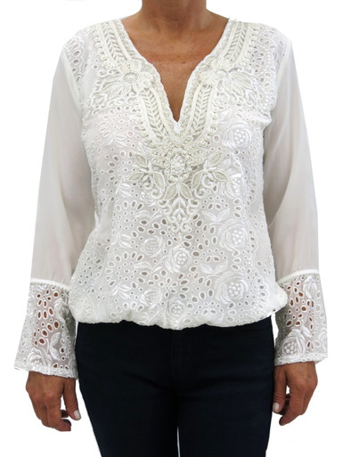 Taj by Sabrina S-2374 Embroidered Top Off White