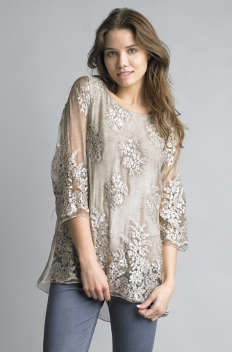 Tempo Paris Embroidered Floral Top 64413JL Taupe