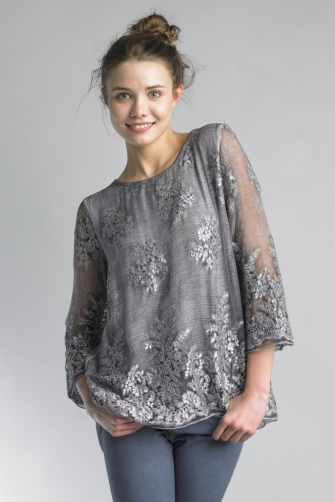 Tempo Paris Embroidered Floral Top 64413JL Gray
