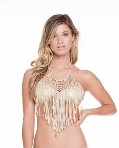 Luli Fama Heart of a Hippie Fringed Halter Bikini Set Gold Rush