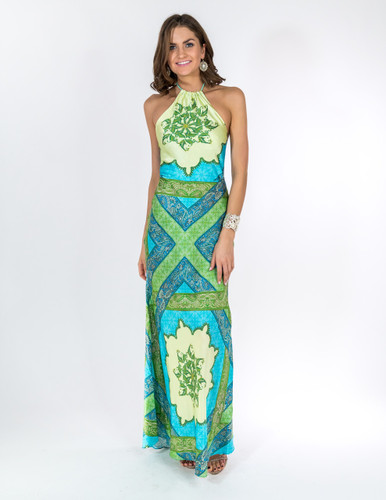 Trisha Paterson Silk Stretch Dress Blue Maze 001
