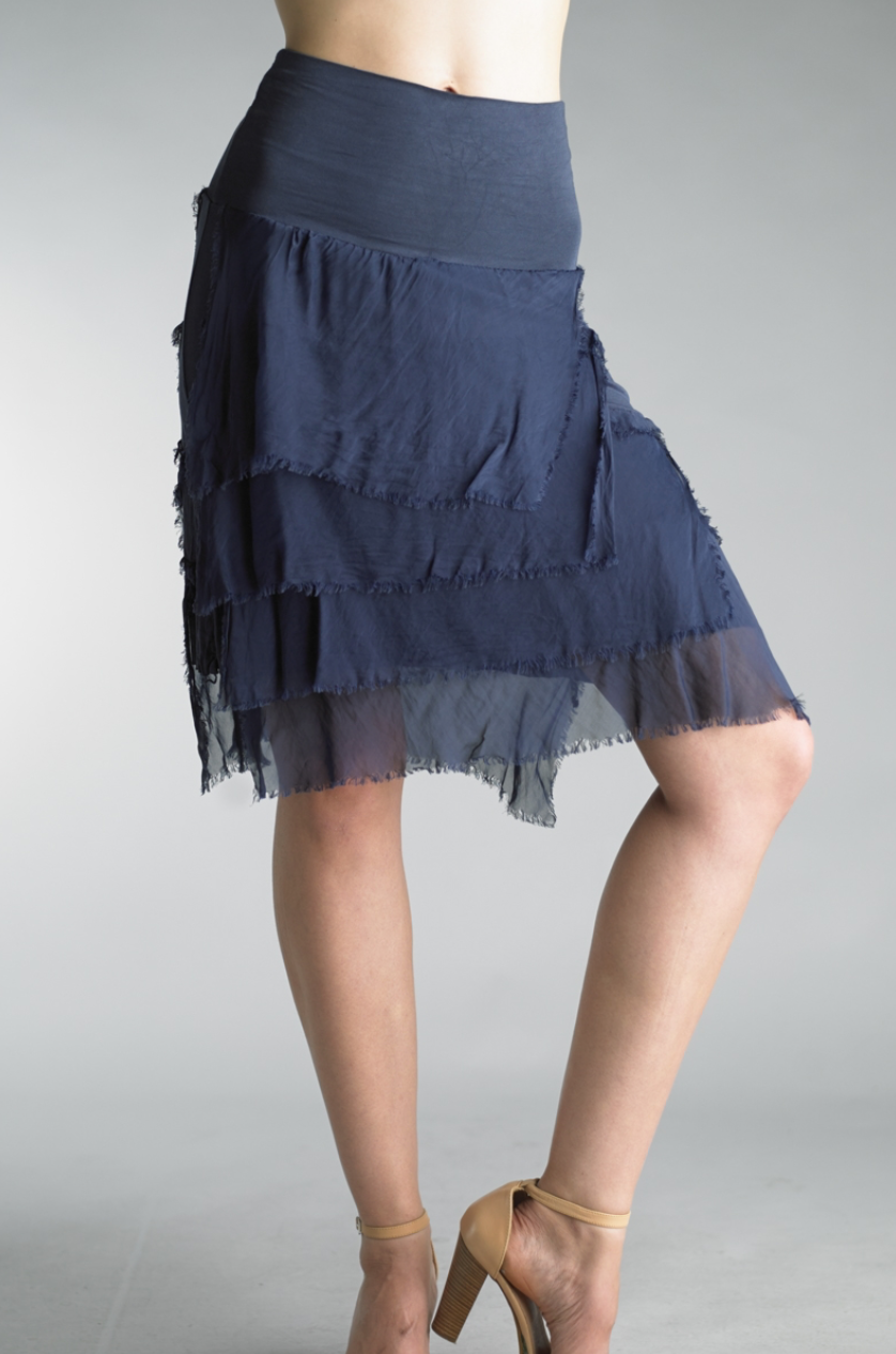 Tempo Paris 60899Q Short Silk Tiered Skirt Navy | Shop Boutique Flirt