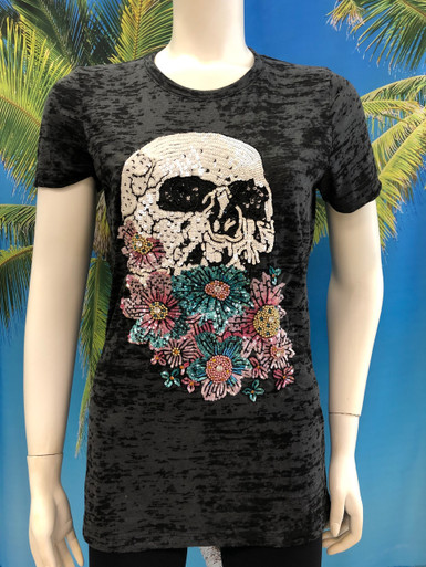 Flirt Exclusive Skull with Flowers Beaded T-shirt Black