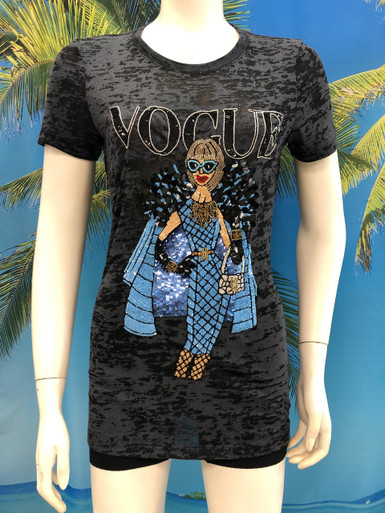 Flirt Exclusive Vogue Lady in Blue Beaded T-shirt Black