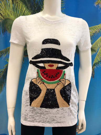 Flirt Exclusive Woman Eating Watermelon Beaded T-shirt White