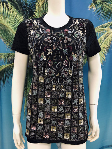 Flirt Exclusive Flowers and Squares Beaded T-Shirt Black