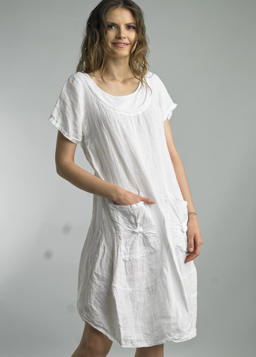 Tempo Paris Short Sleeve Linen Dress 9059L White | Shop Boutique Flirt