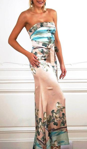 Trisha Paterson Silk Stretch Japanese Garden Strapless Dress 