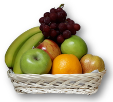 red and green apples, oranges, bananas and grapes