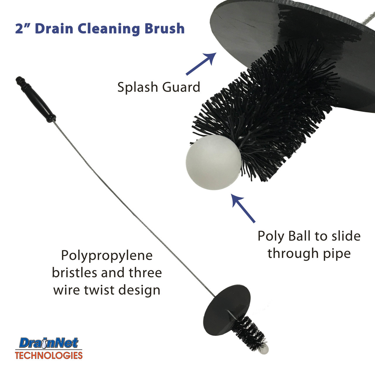 Commercial Drain Cleaning Brush for 2 inch Drains with Splash Guard