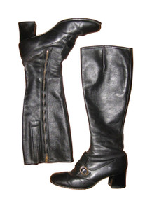 Vintage Rare Black Side Zipper Gold Belt Buckle Flap Mod Go Go Boho Leather Boots 