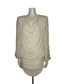 Vintage Cream Sequins Bead Lace Sleeve Cowl Neck Draped Ruched Tulip Dress 