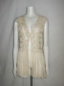 Vintage Billa Bong Designer's Closet Natural Macrame Crochet Sleeveless Fringe Vest 