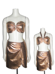 POYZA 2pc Ensemble Denim Rose Gold Metallic Foil Optional Tie Neck Bustier Halter w/ Matching Asymmetrical Shirred Tulip Skirt