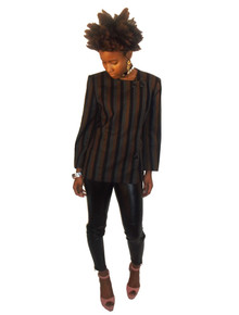 Designer Tahari Vintage Black Brown Grey Stripe Buttoned Off Center Tuxedo Blazer Lined Wool Jacket