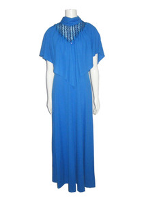 Vintage Blue Sequins Bib Overlay Ruffle Flounce Long Flare Disco Mod Dress