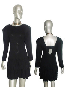 Vintage Rampage Black Shoulder Pads Cut Out Back Bow Ruffle Tier Short Mini Knit Grunge Dress 