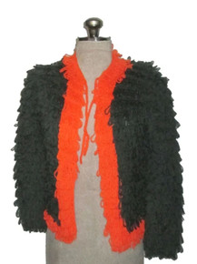 Vintage Kelita Wool Hand Crochet Green Orange Colorblock Fringe Loop Stitch Flyaway Sweater Cardigan 