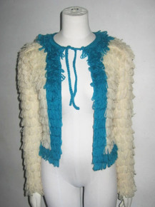 Vintage Kelita Off White Turquoise Wool Hand Crochet  Colorblock Fringe Loop Stitch Flyaway Sweater Cardigan 