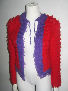 Vintage Kelita Wool Hand Crochet Red Purple Colorblock Fringe Loop Stitch Flyaway Sweater Cardigan 