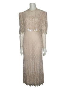 Vintage Rina diMontella Beige See Thru Lace Sequins Embellished Overlay Cape Victorian Dress 