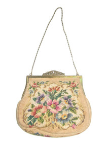 Vintage Jolles Original Made In Austria Small Beige Multicolor Floral Chain Strap Small Needlepoint Tapestry Handbag