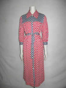 Vintage Raymond Halperin Loungewear Red White & Blue Gingham Check Plaid Buttoned Front Belted Shirt Dress