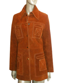 Vintage Leathers By Ambe Tan Brown Contrast Stitch Snap Closure Gathered Waist Trench Coat Suede Leather Jacket