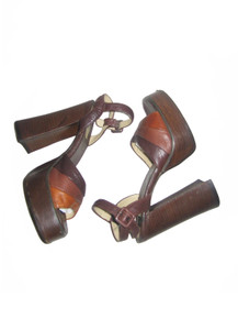 Vintage Stunning  Brown Tone Color Block Chunky High Heel Slingback Buckled Leather Sandals Shoes