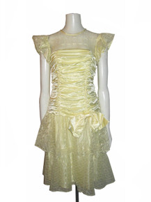 Vintage Yellow Satin Mesh Lace Shirred Draped Ruched Flutter Sleeve Drop Waist Party Dress w/ Bow 