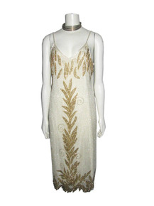 Vintage Elle Belle Cream Pure Silk Gold & Pearl Beads Embellished Strappy Jagged Edge Glam Deco Flapper Dress