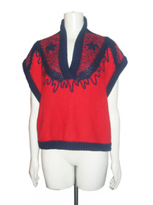 Vintage Gil Aimbez Red Blue V-Neck Kabuki Pullover Novelty Sweater 