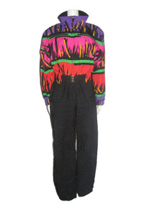Vintage Skea Black Vibrant Multicolor Buckled Belt Color Block Ski Suit 