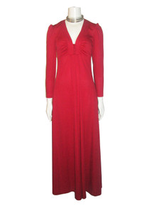 Vintage Red Empire Waist Buttoned Long Fared Disco Mod Dress