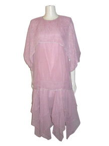 Vintage Rose Pink Overlay Handkerchief Hem Layered Chiffon Dress w/ Rhinestone Cascade Dress w/ Rosette 