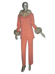 Vintage Peach Fur Trim Wool Buttoned Pant Set