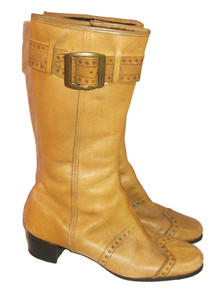 Vintage Sandler Of Boston Beige Lined Belt Buckled Eyelet Mod Go Go Leather Boots 