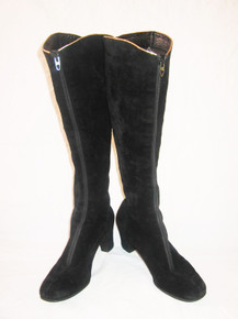 Vintage Herbert Levine Black  Gold Trim Zip Front Slanted Suede Leather Mod Boots