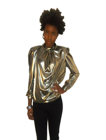 Vintage Liquid Metallic Lame Old Gold Foldover Draped Cowl Neck Pleated Slouchy Blouse