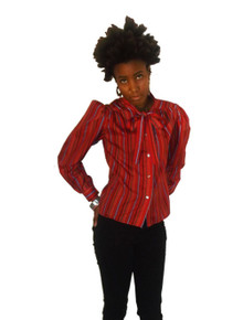It's A Label!  Vintage Red Multicolor Vertical Stripe Scarf Tie Neck Buttoned Blouse
