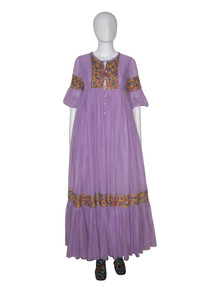 Vintage Beverly Paige Purple Lavendar Multicolor Embroidered Hippie Boho Sheer Gauze Long Ruffled Flared Gathered Smock Peasant Dress