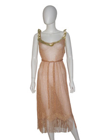  Vintage POYZA Redesign OOAK Metallic Gold Lame Ruffle Lurex Crochet Mesh Belted Fringe Dress
