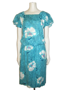 Vintage David Warren Multicolor Floral Print Sleeve Square Neck Buttoned Back Color Block Short Blouson Dress 