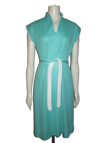 Vintage Marti Aqua White Extended Sleeve Shirred Shoulder Disco Secretary Belted Knit Dress