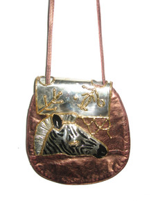Vintage Made In India Bronze Leather Horse Metal Design Zippered Pouch Handbag