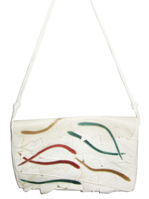 Vintage White Leather Reptile Multi-color Flap Closure Double Knotted Strap Large Boho Statement Handbag 